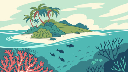 Obraz premium Tropical island landscape with coral reef and marine life underwater, tropical