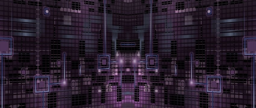 Abstract Digital Grid Network with Glowing Purple Circuit Lines and Data Flow