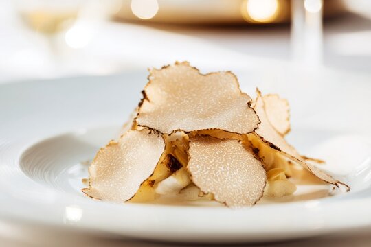 truffle luxury cuisine concept. Gourmet dish featuring thinly sliced truffles atop creamy base with garnishes, elegantly presented on white plate