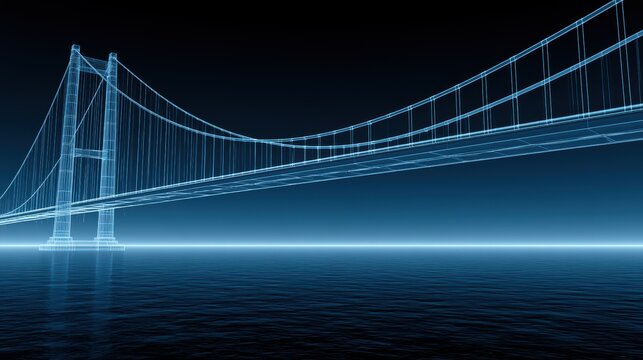 Abstract wireframe bridge structure over water