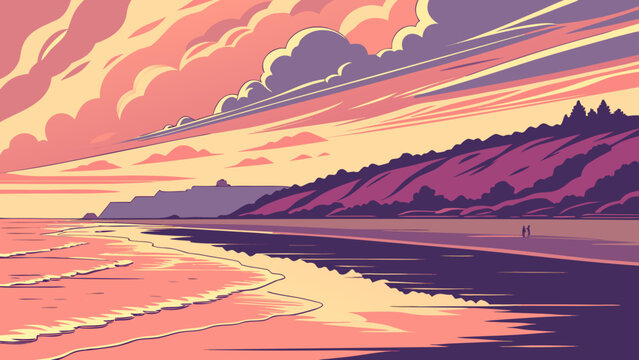Sunset beach landscape with rolling waves and dramatic sky illustration