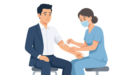 Fototapeta premium Nervous Asian Office Worker Getting Arm Cleaned by Nurse