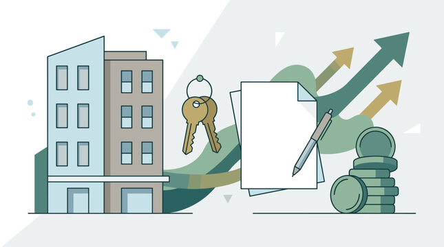 Flat illustration showing a real estate building, keys, contract, and coins with rising growth arrows. Ideal for business, property investment, and mortgage concepts.