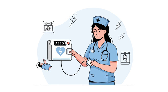 Nurse Using AED Device to Revive Patient, Medical Emergency Illustration