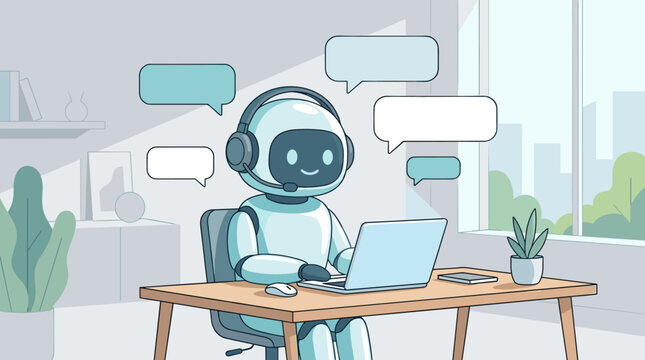 Friendly robot character wearing headset using laptop for customer support. Illustration featuring chat bubbles for communication, ideal for AI service, tech help and digital concepts.