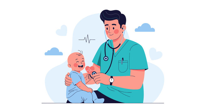 Pediatrician Examining Happy Baby with Stethoscope, Vector Illustration of Healthcare and Childcare