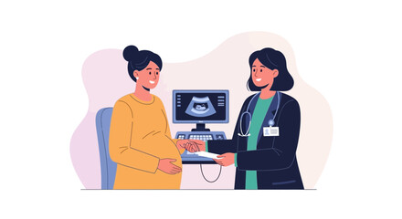 Fototapeta premium Pregnant Woman Having Ultrasound Scan with Doctor Examining Results - Medical Illustration