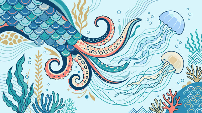A vibrant, stylized illustration of an octopus and jellyfish swimming in the ocean, featuring colorful coral, sea plants, and intricate patterns in a whimsical marine scene.