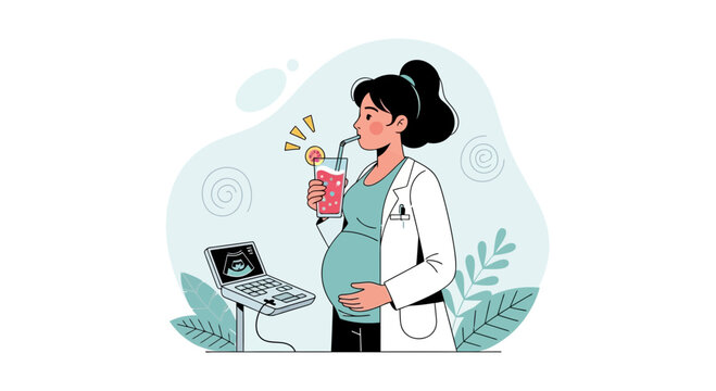 Pregnant Woman Doctor Enjoys Refreshing Drink Next to Ultrasound Machine Displaying Baby Image