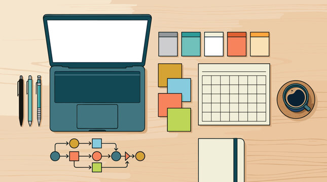 A top-down digital illustration of a workspace featuring a laptop, calendar, sticky notes, pens, and a process flowchart. Perfect for business, planning, and productivity concepts.