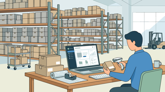 A warehouse manager scanning cardboard boxes with a barcode reader at a computer station in a logistics fulfillment center. Cartoon vector illustration for business and supply chain use.