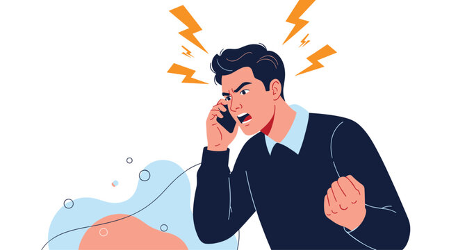 Angry businessman shouting into his smartphone while gesturing with a clenched fist, depicting work stress and frustrating communication.