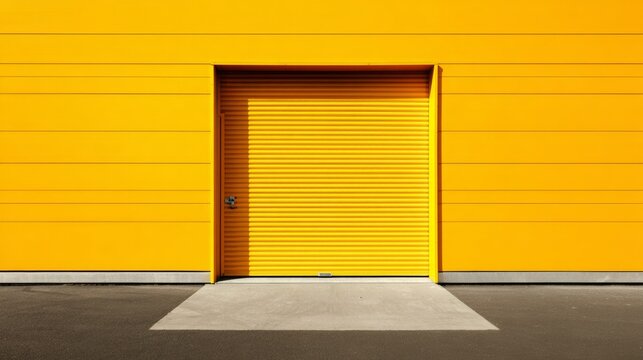 Yellow roll up door on a vibrant sunny facade, minimalist architecture reflecting clean modern design and industrial style