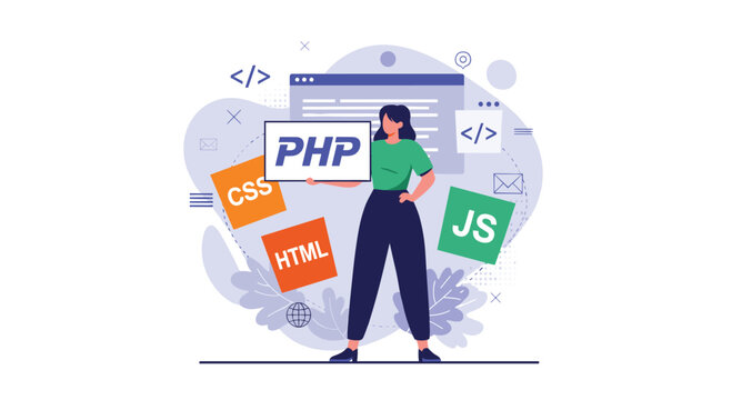 Professional female web developer standing in front of coding language icons like PHP, CSS, and HTML while managing a project screen.