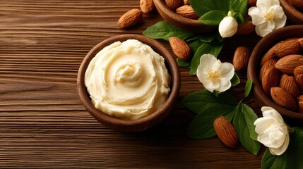Fototapeta premium Bowl of almond butter with fresh almonds and white jasmine flowers on rustic wood