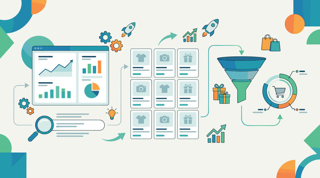 A colorful flat vector illustration showing an e-commerce digital marketing funnel, consumer behavior analytics, online shopping process, data tracking, and conversion optimization.