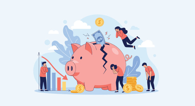 People distressed over financial loss and economic crisis, depicted with a broken piggy bank, falling bar charts, and scattered coins.