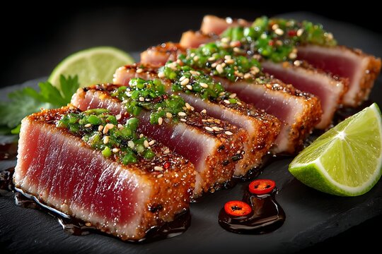 Exquisite seared ahi tuna slices garnished with sesame seeds, fresh herbs, and lime on a dark slate plate.