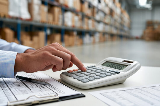 Worker calculates numbers in warehouse setting