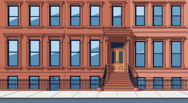 Classic red brick brownstone buildings with high stoops and rows of windows create a traditional urban street scene in a historic city.