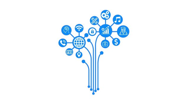 Futuristic Tech Tree Illustration with Connected Nodes and Digital Business Icons on Light Background.