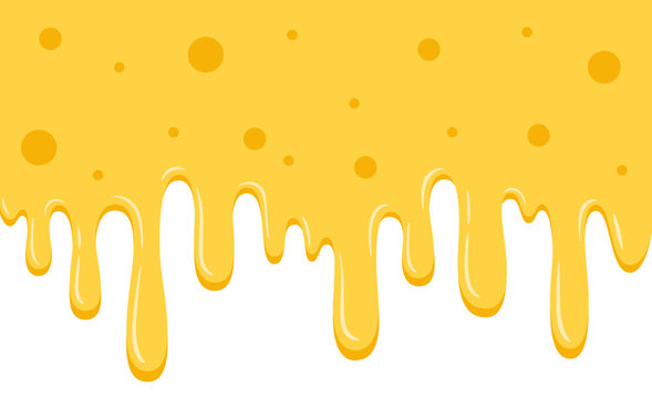 Melted cheese dripping down. Yellow horizontal banner. Cheese sauce or fondue theme background. Vector illustration.
