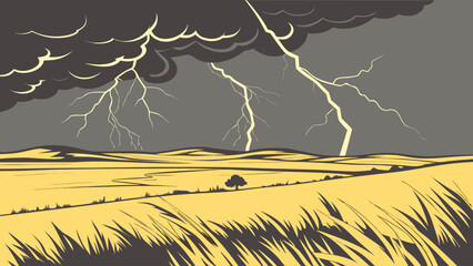 Dramatic storm landscape with lightning striking above grassy field, lightning © Pkos