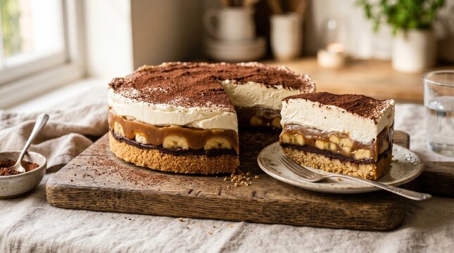 Layered banoffee pie with caramel and banana