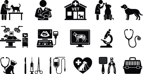Obraz premium Black silhouette veterinary care and animal health icons including veterinarians, clinic, diagnostics, surgery tools, grooming, and pet carrier