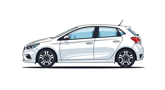 Side profile of a modern white hatchback car with tinted windows and sporty wheels depicted against a clean horizontal ground line.