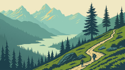 Mountain hiking trail with pine trees and lake scenic view illustration © Pkos