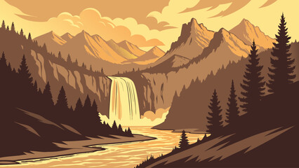 Graphic illustration of majestic waterfall flowing through mountain forest © Pkos