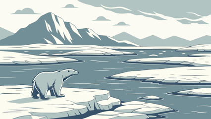 Polar bear standing on arctic ice floe landscape illustration with landscape © Pkos