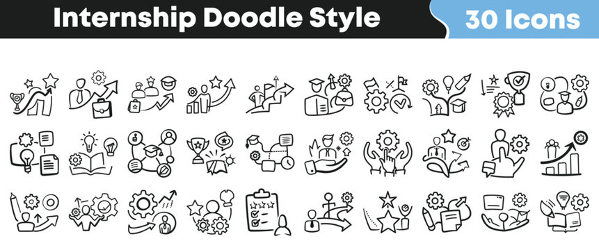 Hand drawn internship icons featuring professional growth and business skill development