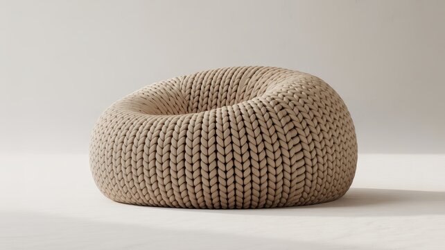 Bean-Shaped Knit Cushion with Cream Textured Rope Yarn Pattern on Minimalist White Background Featuring Cozy Decor, Soft Seating, Lounge Pillow