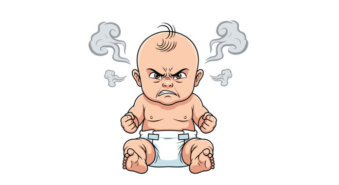 Angry cartoon baby in a diaper sits on the floor with steam coming from his ears and a furious expression during a temper tantrum.