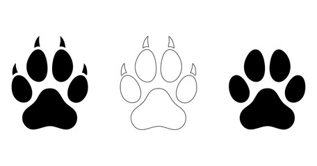 Fototapeta premium Set of three animal paw prints, including solid black silhouettes and a line art outline, representing canine or feline tracks