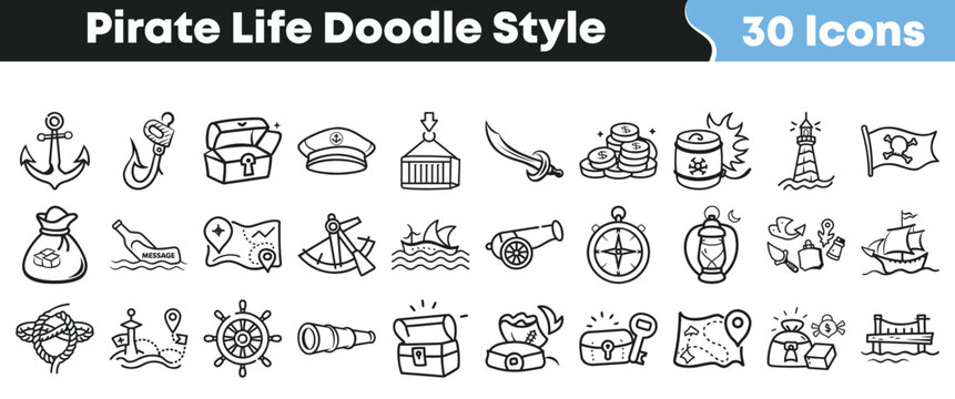Hand drawn pirate life icons set in simple doodle style