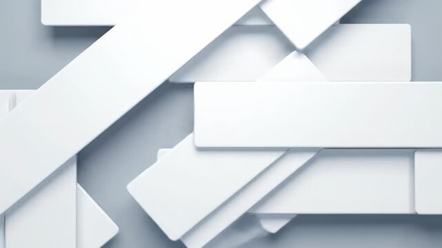 dynamic abstract animation video: white & light gray rectangles and squares slide smoothly on infinite canvas, soft shadows, deep focus, refined corporate background concept.