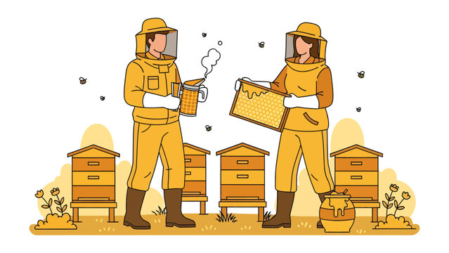 Beekeepers at Work: Two beekeepers in protective suits tend to a row of beehives, surrounded by buzzing bees and the sweet scent of honey.