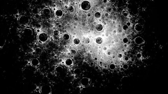 Abstract Monochrome Fractal Lunar Surface with Craters on Black Background