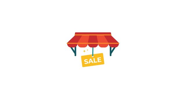 Sale Animation with a Storefront Awning and a Sparkling Discount Sign for Retail Promotions