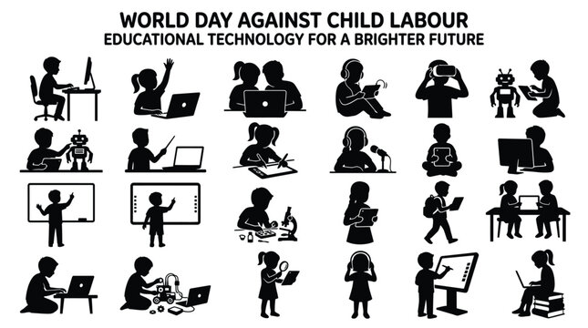 Educational technology for brighter future silhouettes of students using digital tools and devices.