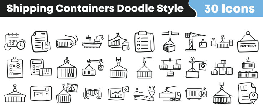 Set of thirty hand drawn shipping container icons doodle style