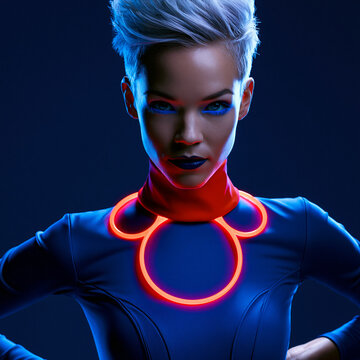 Eine futuristische Frau in blauem Anzug mit leuchtend roten Neonringen als Halsschmuck posiert dramatisch vor dunklem Hintergrund