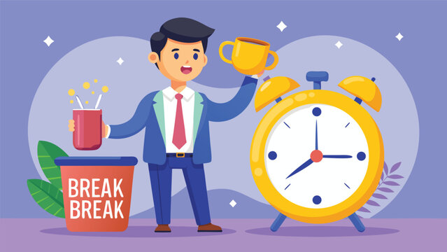 Businessman with coffee mug and alarm clock during a refreshing break with motivational concept