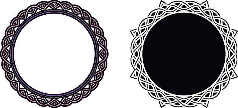 Two circular celtic knotwork decorative frames in black and white with ornament