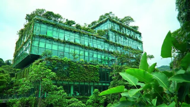 Modern glass office building with lush vertical gardens and tropical vegetation integrated into its facade
