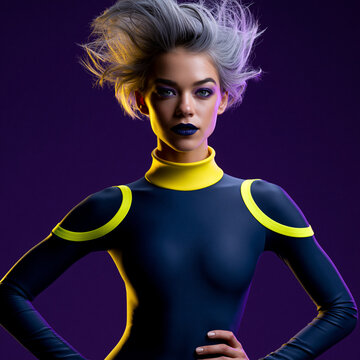 Eine futuristische weibliche Figur in einem lila Ganzk&ouml;rperanzug mit neonfarbenen gelben Kreisen und passenden Accessoires posiert vor dunklem Hintergrund