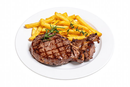 Grilled Beef Steak with Golden French Fries and Fresh Herbs on a White Plate